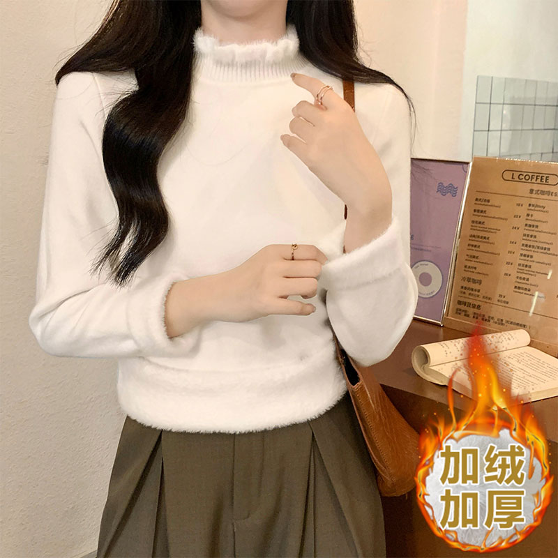 Real shot of one-piece mink velvet knitted bottoming sweater for women in autumn and winter Korean style half turtleneck warm thickened sweater inner layer