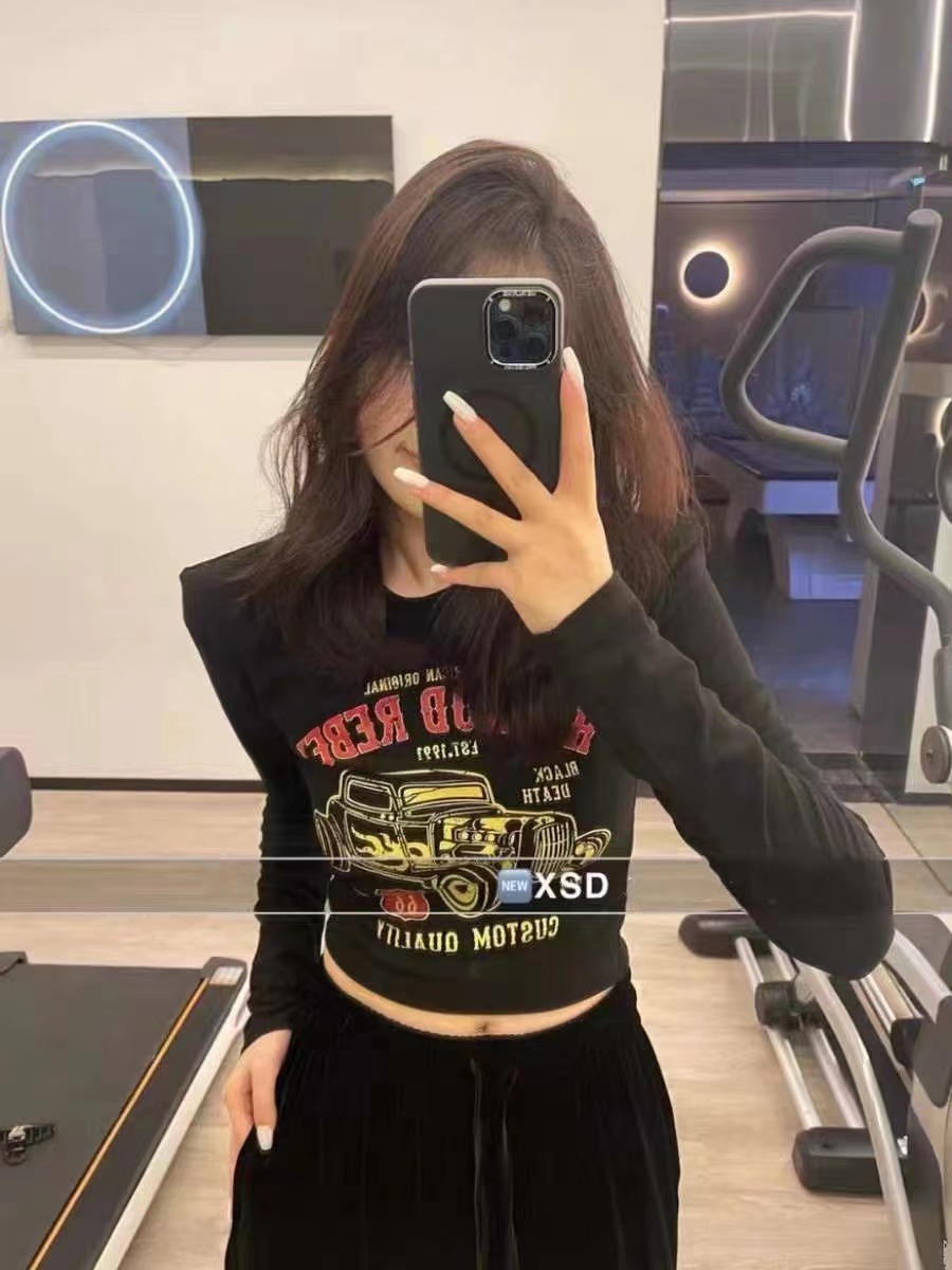 美式復古修身長袖t恤女早秋純欲辣妹性感短款上衣打底衫內搭