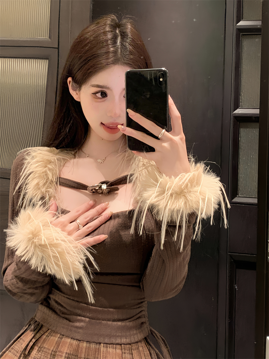 實拍 美拉德復古棕色毛絨拼接長袖T恤抽繩顯瘦辣妹上衣女