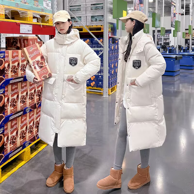 實拍2023冬新過膝中長款棉服女韓版學生連帽加厚寬鬆棉衣大碼外套
