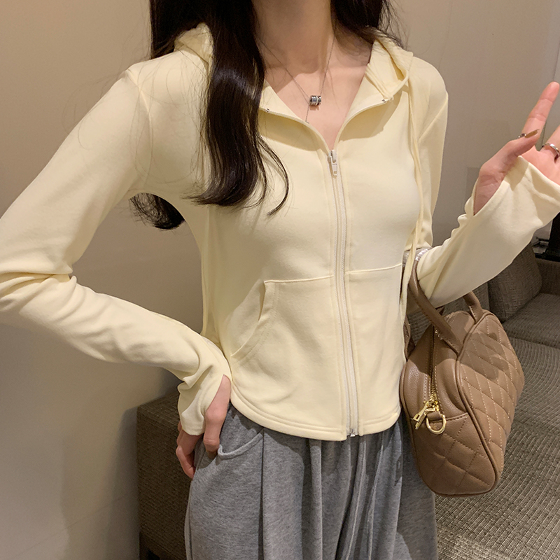 實拍圖修身顯瘦長袖連帽拉鏈衛衣女秋冬2023新款小個子短外套上衣