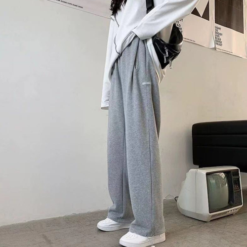 Dark gray spring and autumn sports pants for women, wide, loose, casual, Korean style, versatile, preppy style long pants for girls