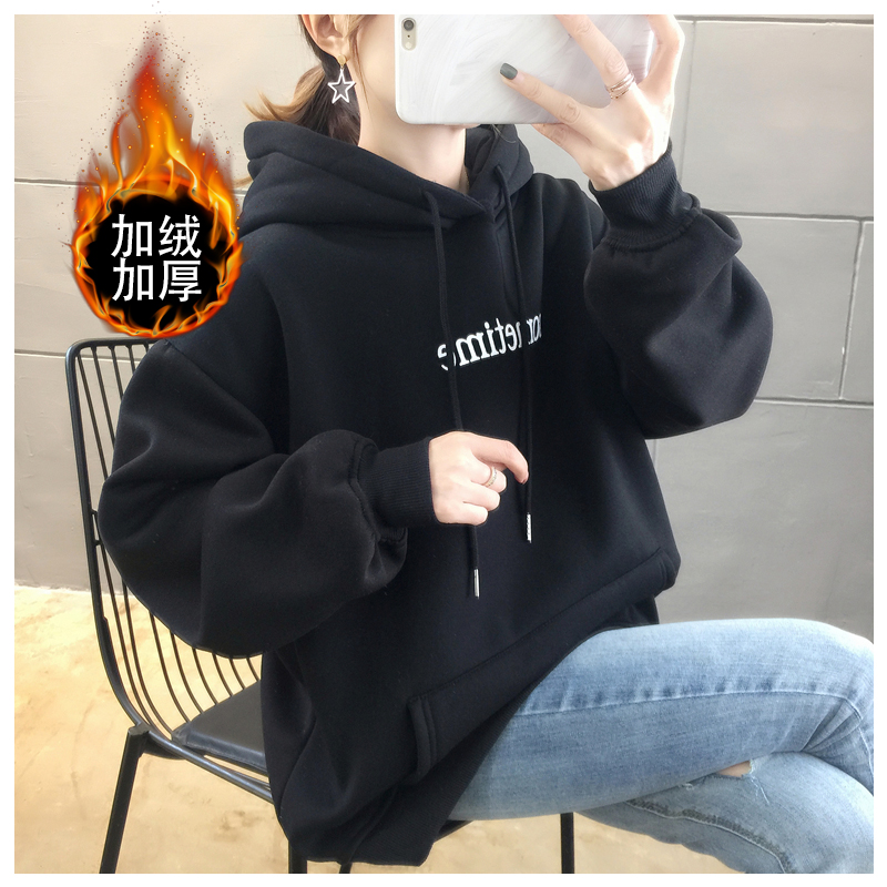 實拍+視頻100聚酯纖維韓版寬鬆冬季加絨加厚寬鬆大碼連帽衛衣女潮
