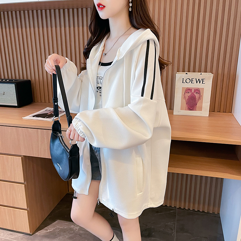 實拍 寬鬆連帽棒球服外套女春秋設計感小眾撞華夫格連帽開衫