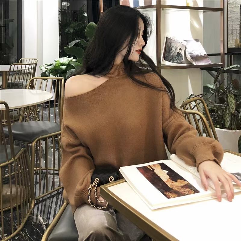 Korean off-shoulder halter neck sweater autumn and winter new style irregular and careful Internet celebrity temperament top