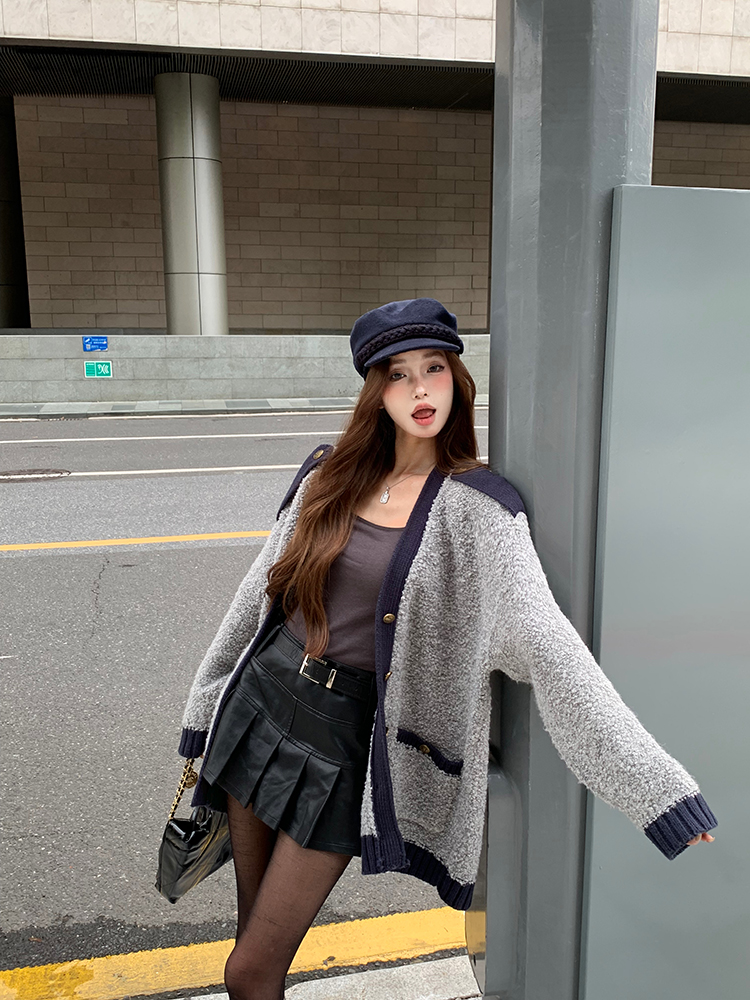 實拍 拼色/肩袢設計學院風圈圈紗開衫外套女秋冬季慵懶風毛衣
