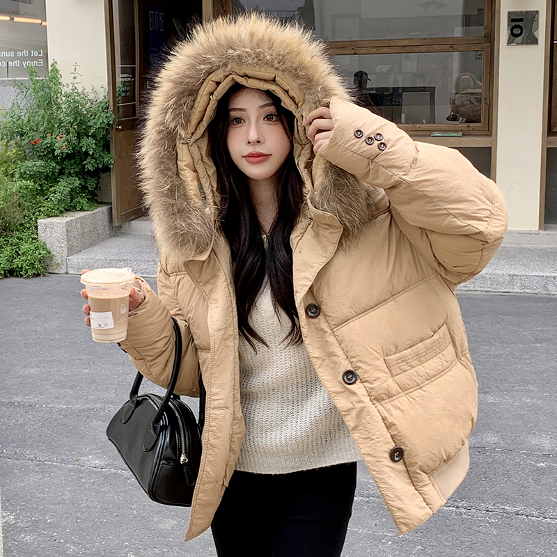 COOLLINE林子熙重磅推薦！chao大毛領奶茶色短款鵝絨羽絨棉服女冬
