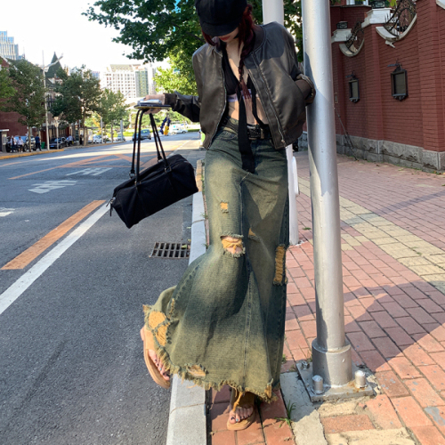 Photographed in  Autumn/Winter Fashion Long Dress, Versatile Style, Desolate Blue Denim Skirt