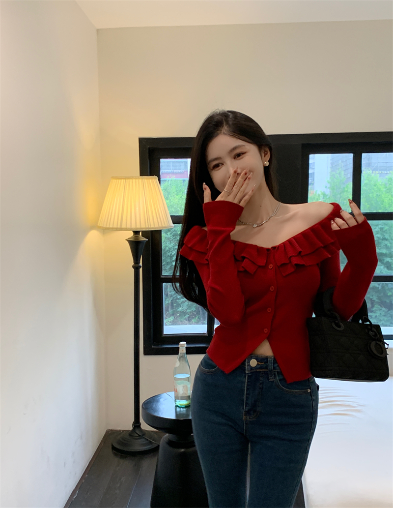 Actual shot of new French ruffle slim solid color knitted cardigan autumn and winter short top