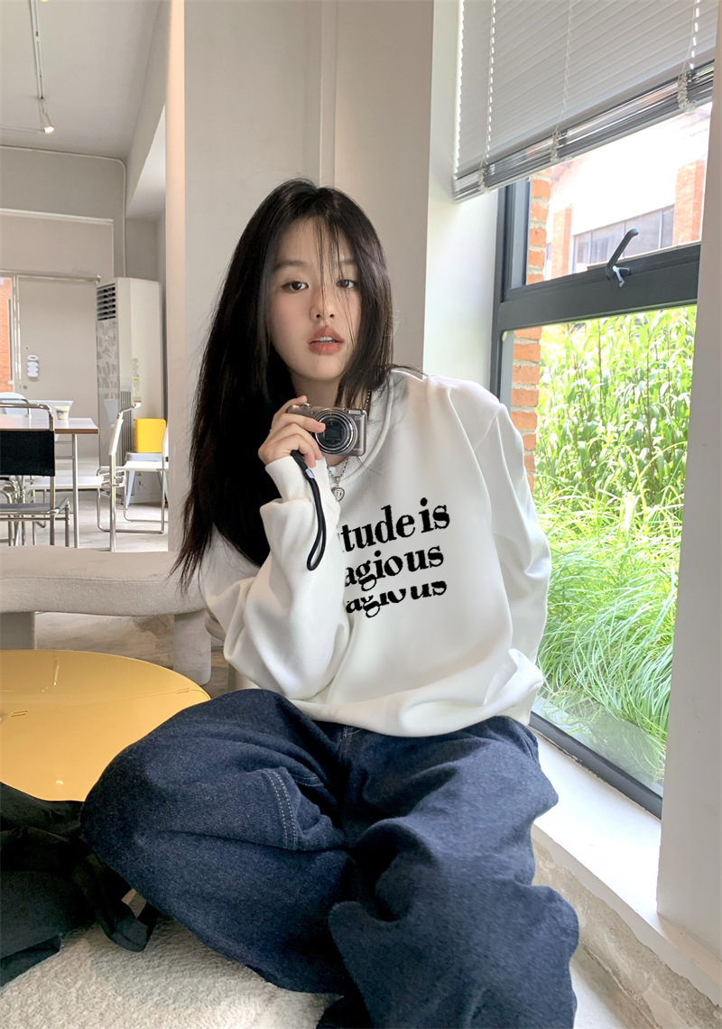 Real shot Autumn and winter new pure cotton round neck top pullover long sleeve letter casual high quality round neck sweatshirt for women