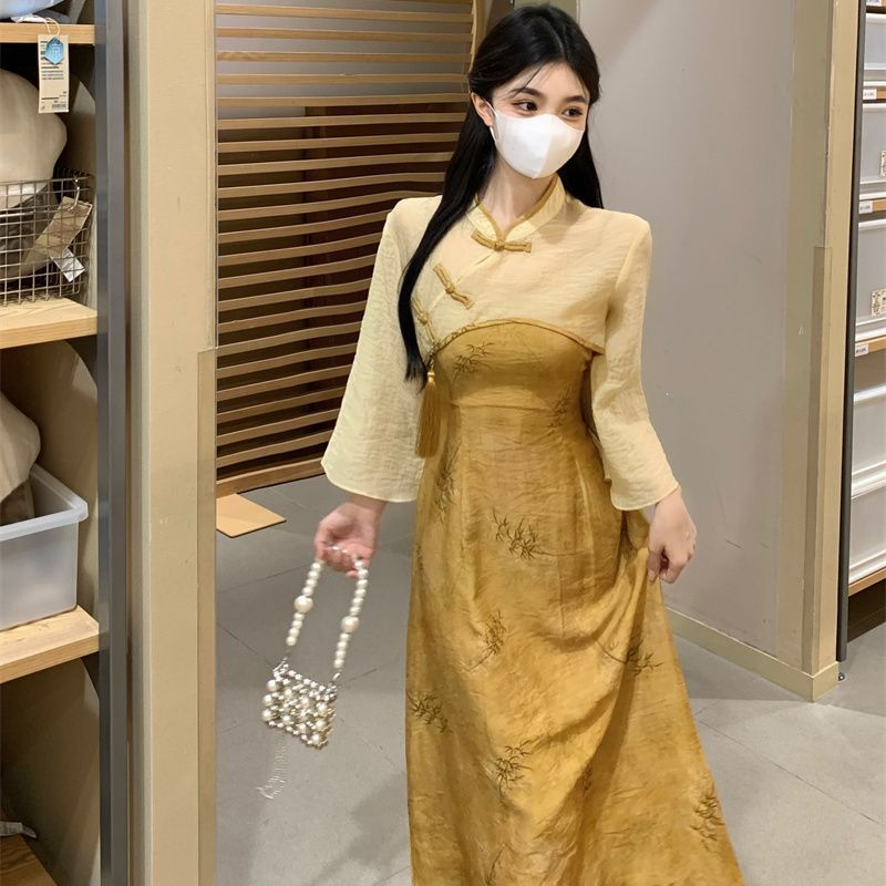 Original method + zipper suspender dress women's autumn new small shirt with waist and temperament long skirt two-piece set