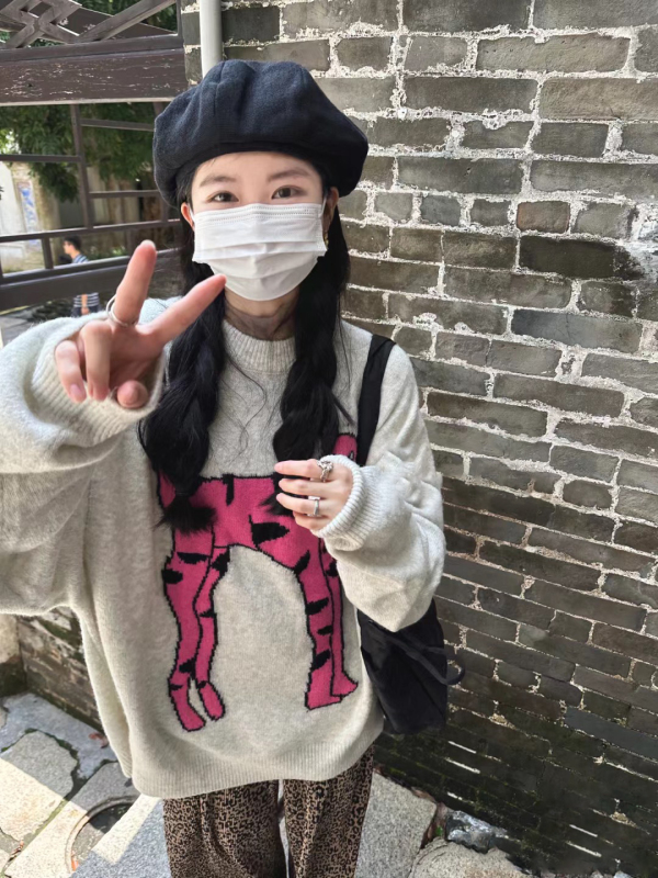 慵懶風毛衣女秋冬新款oversize趣味貓咪提花情侶針織衫上衣潮