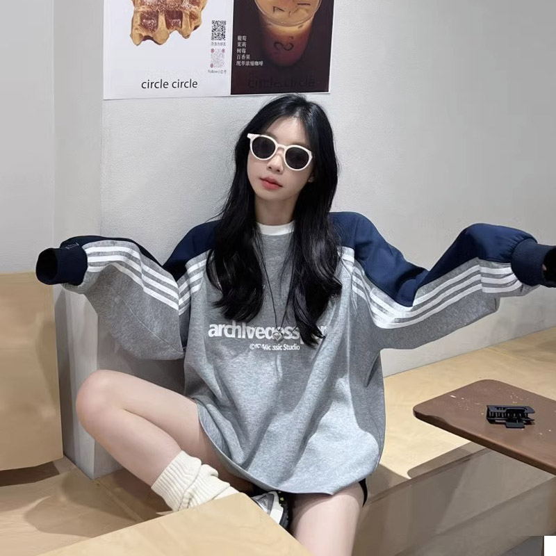 原版做工2023年美式撞色圓領字母印花秋季寬鬆顯瘦長袖女士衛衣