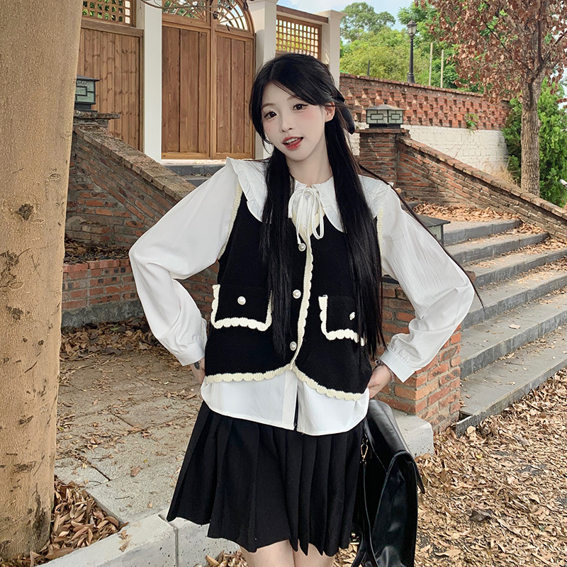 白色娃娃領襯衫女裝秋季設計感小眾獨特别致法式馬甲內搭長袖上衣