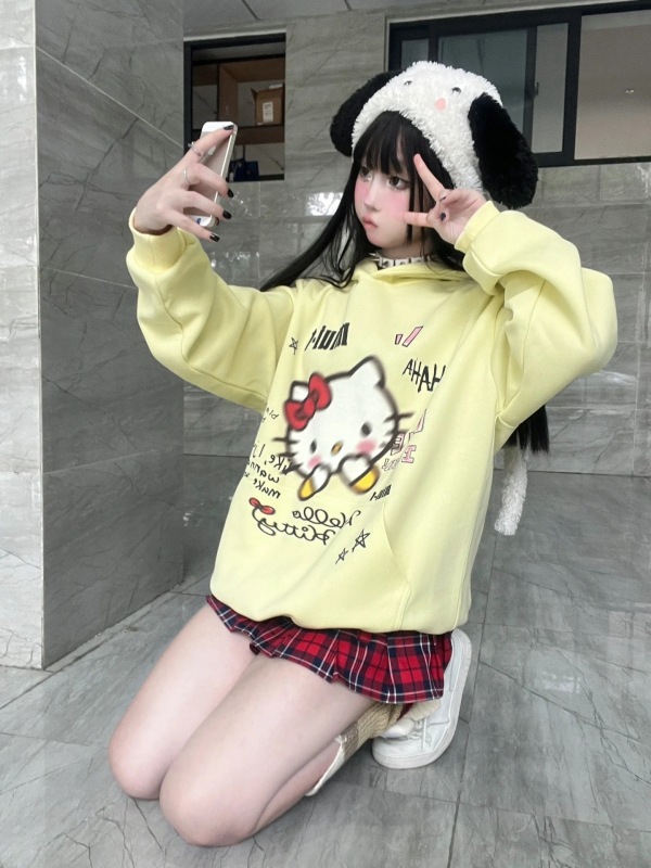 2023新款黃色凱蒂貓衛衣女秋冬小個子加絨加厚慵懶風連帽外套