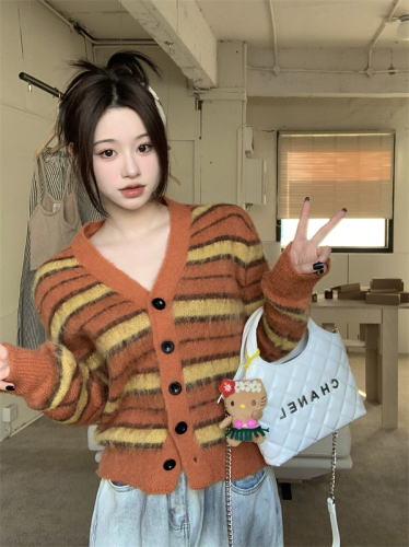 Real shot V-neck striped sweater jacket winter  new furry thickened loose contrast color sweater