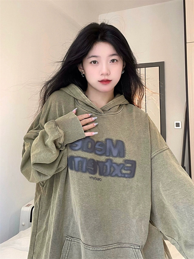 美式復古連帽衛衣女秋季加絨加厚水洗做舊設計感小眾寬鬆慵懶上衣