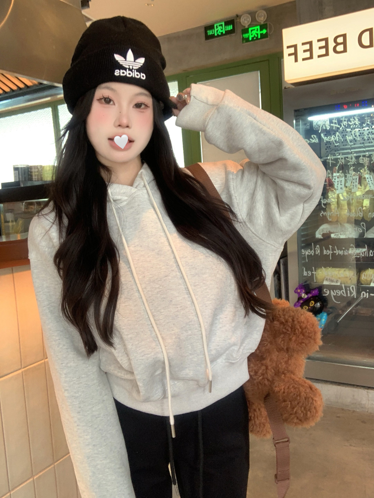 實拍 小個子寬鬆短款連帽衛衣純色顯瘦上衣