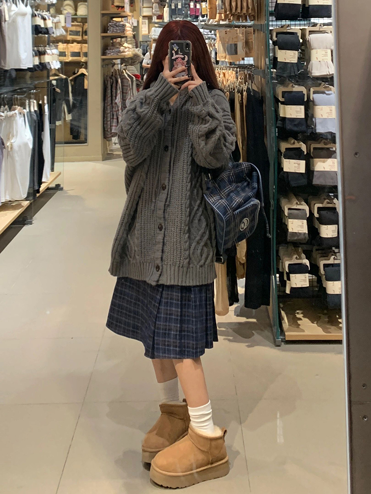 慵懶風麻花開衫毛衣女秋冬季復古灰色寬鬆加厚連帽針織衫外套上衣