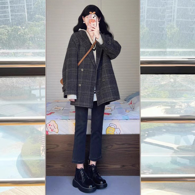 格子西裝毛呢外套女秋冬2023新款韓系赫本風短款小個子大衣高級感