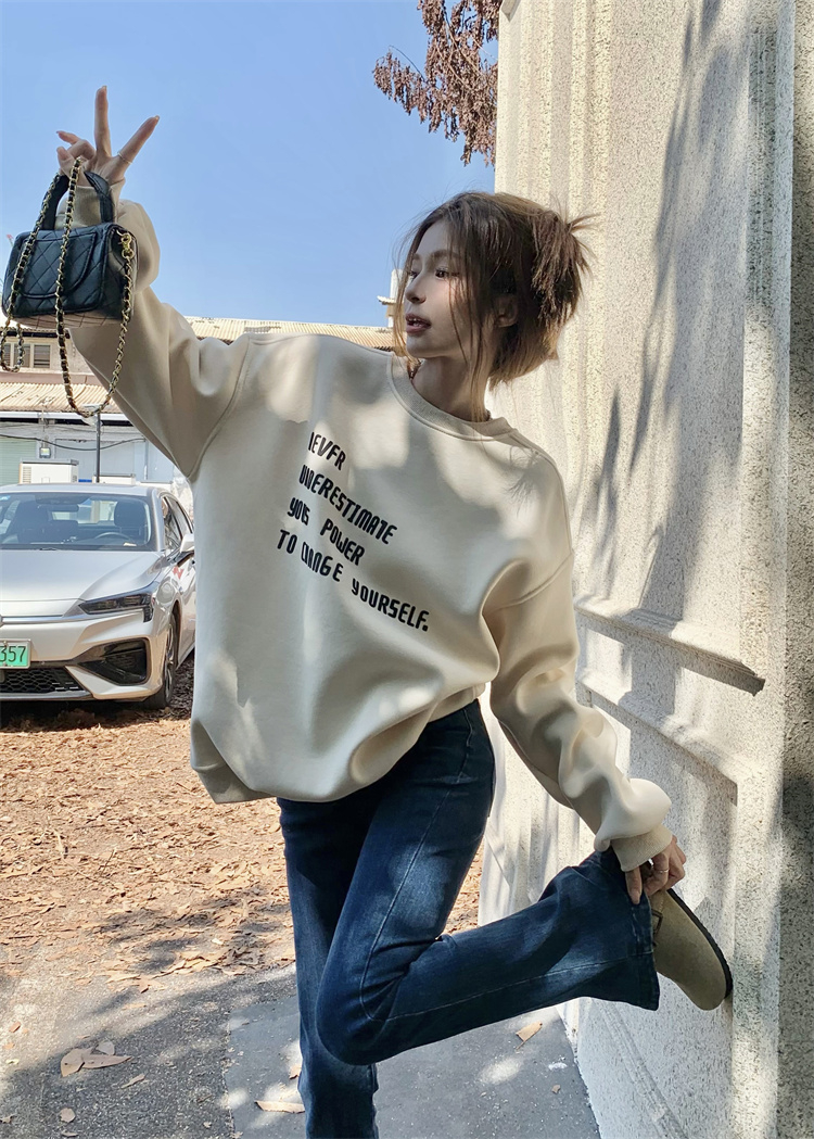加絨加厚   慵懶風衛衣女新款秋冬字母印花圓領寬鬆顯瘦長袖上衣