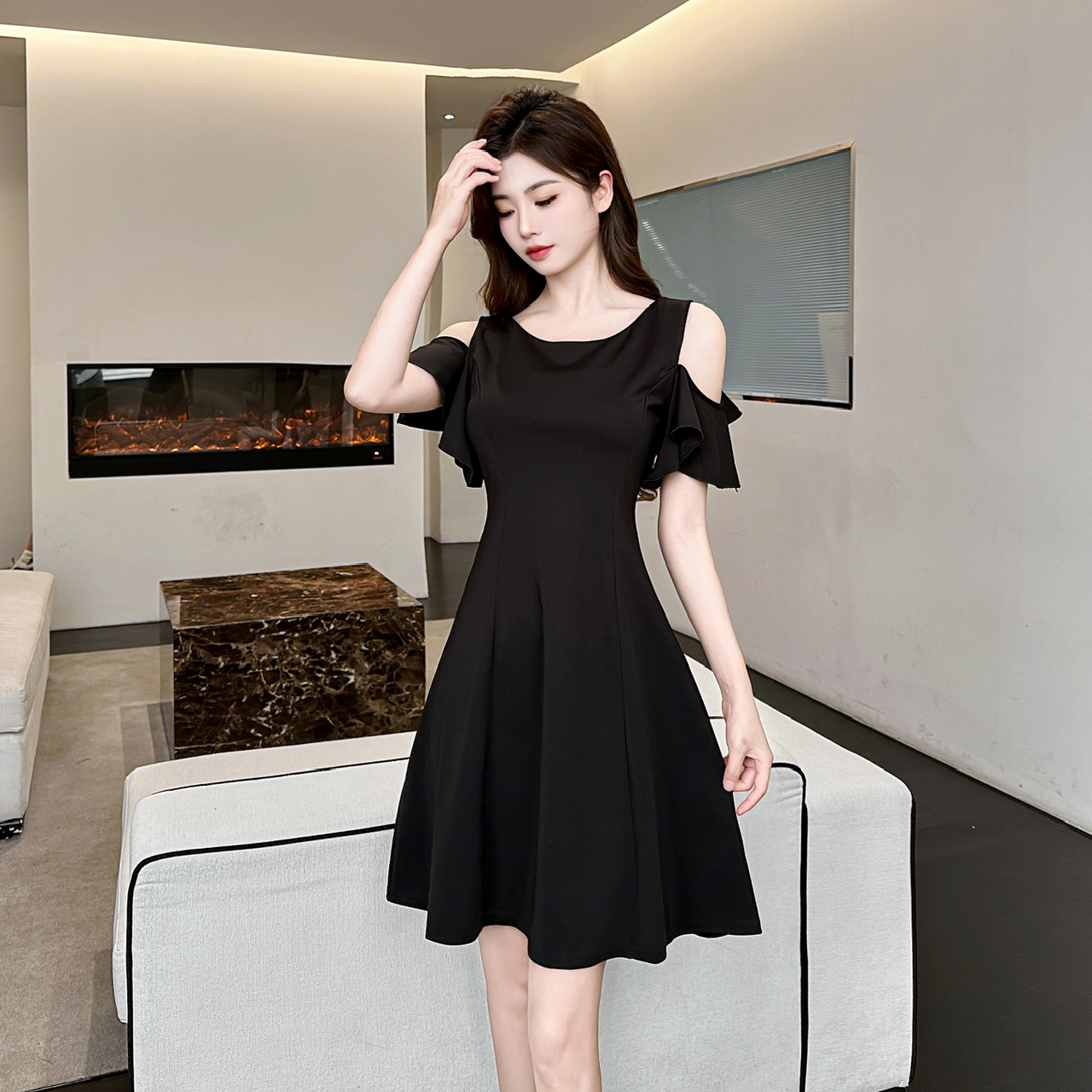 Actual shot of the new simple and sexy off-the-shoulder vest dress stretch cotton bottoming A-line skirt