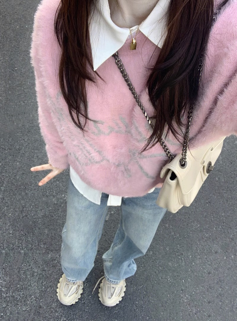 仿貂 美式復古提花字母圓領毛衣女秋冬新款寬鬆休閒情侶針織