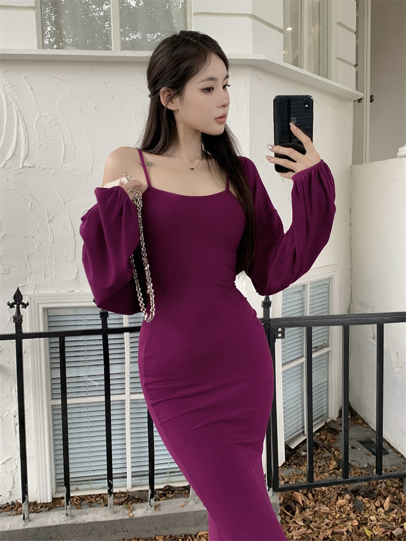6246#Real shot Autumn new long-sleeved strappy jacket slim-fit suspender fishtail dress