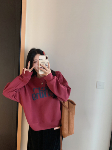 Actual shot~Large size fat mm plus velvet and thickened round neck printed pullover sweatshirt for women + elastic waist velvet skirt