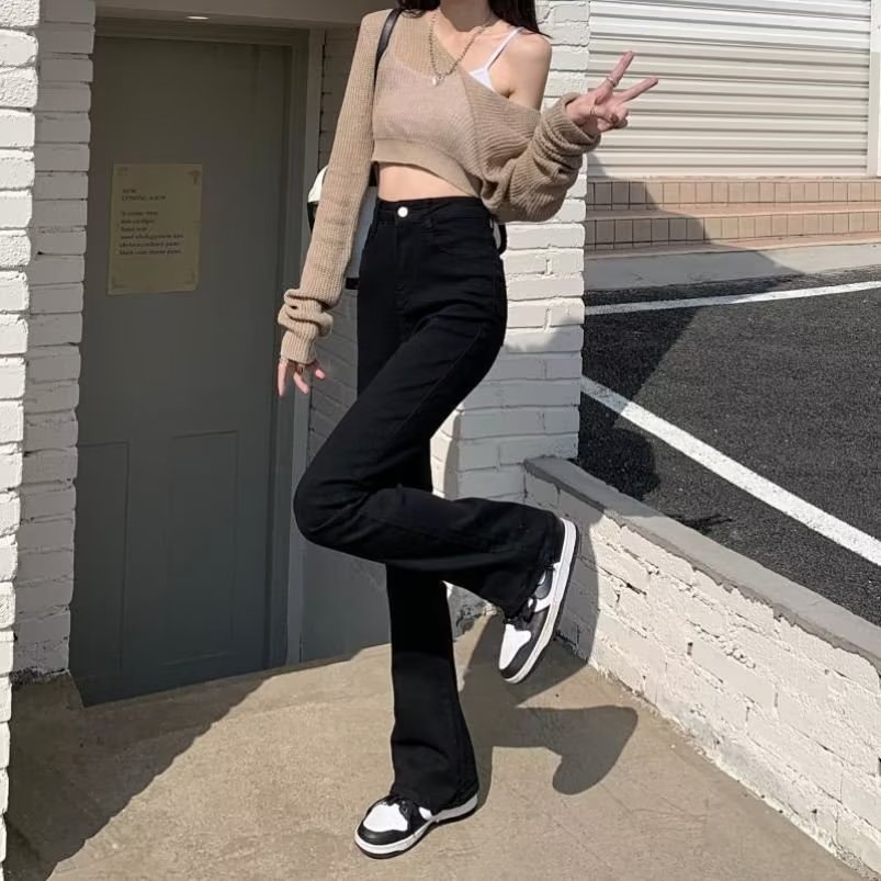 黑色喇叭褲秋裝高腰牛仔褲女緊身辣妹秋冬新款微喇顯瘦拖地馬蹄褲