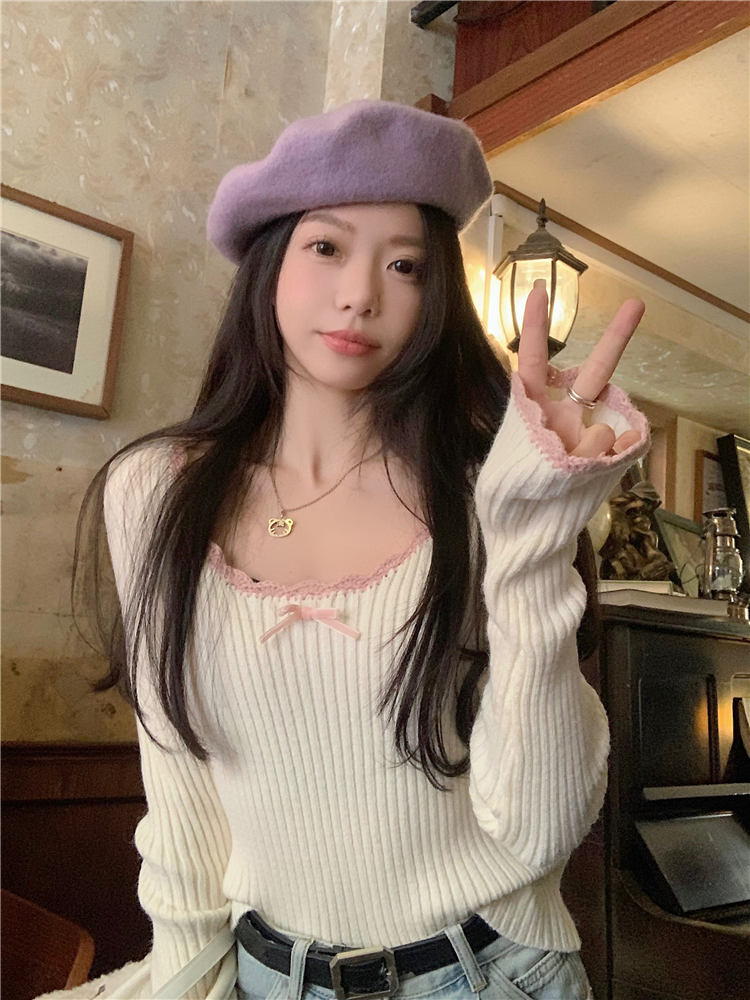 實拍~冬季新款手工鈎花修身顯瘦套頭長袖設計感毛衣女