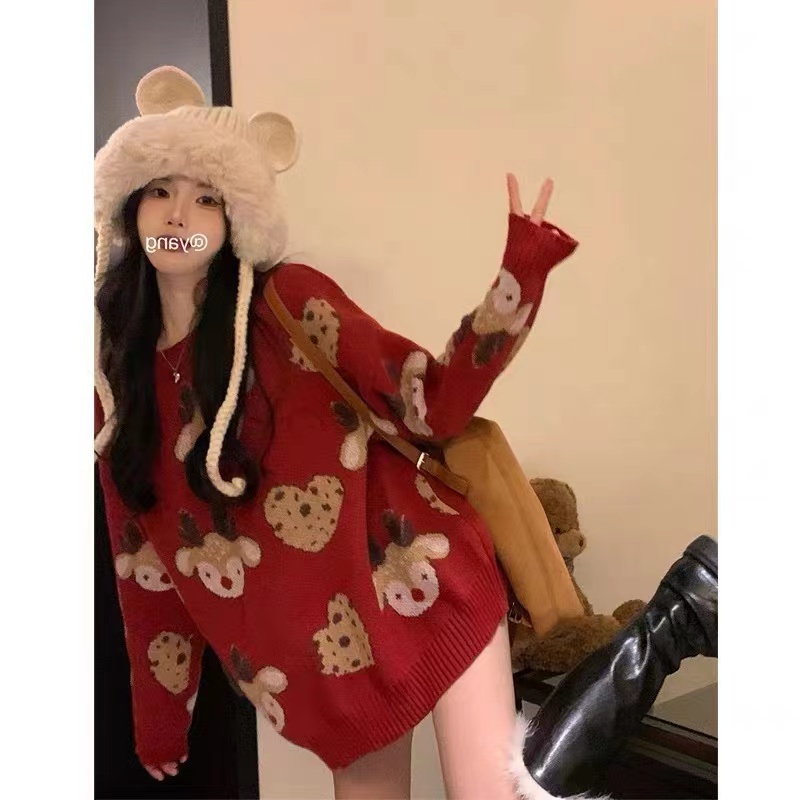 紅色圓領套頭毛衣女秋冬寬鬆慵懶風外穿本命年洋氣針織衫上衣冬季