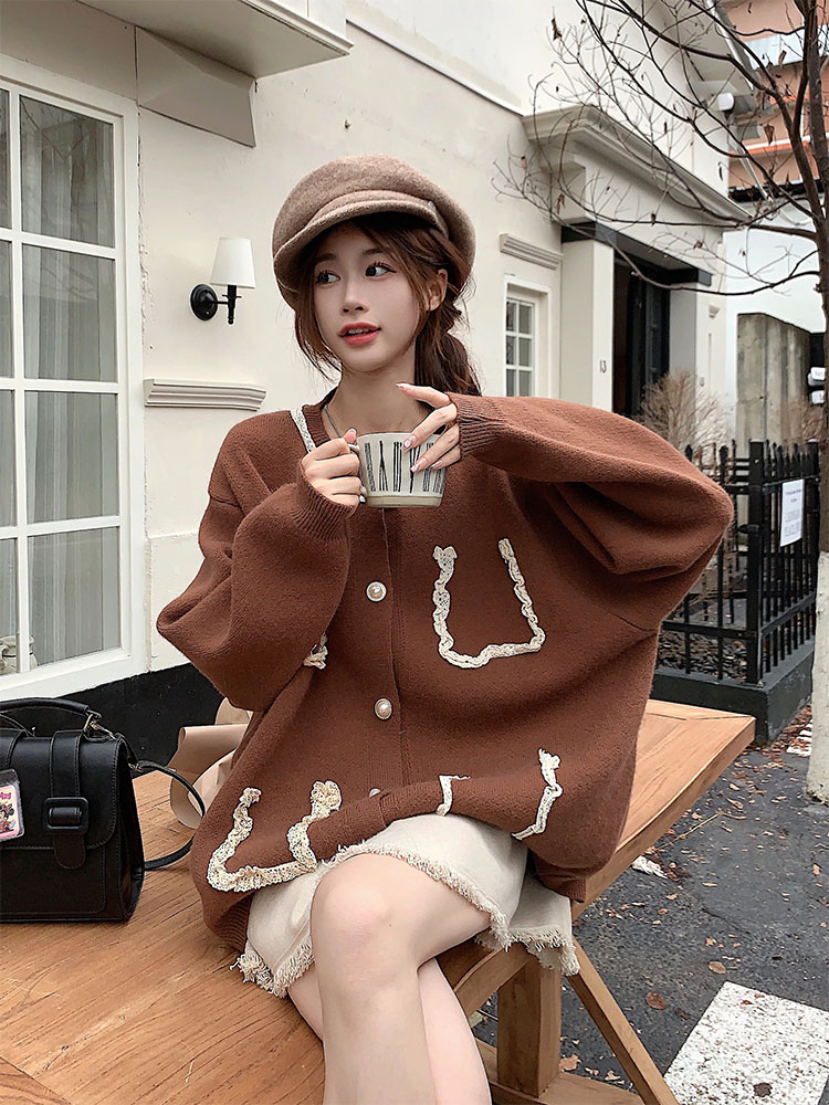 Actual shot of autumn and winter French style simple knitted cardigan sweater jacket