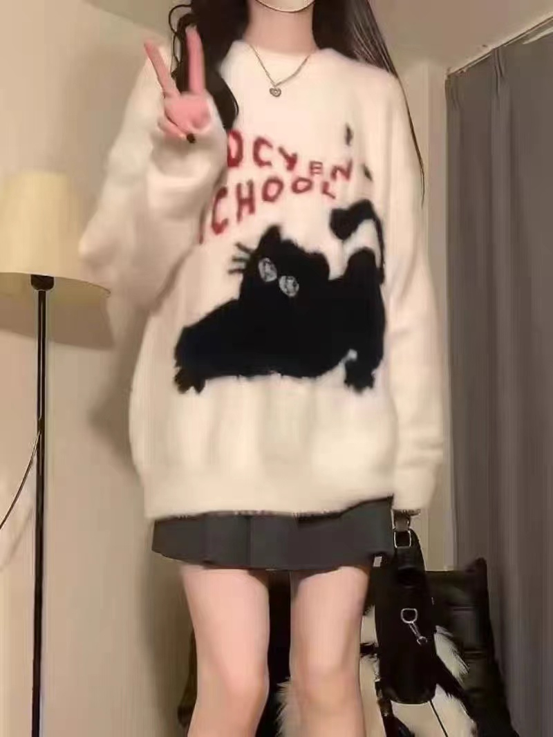軟糯慵懶學院風長袖卡通提花毛衣針織衫女寬鬆外穿保暖上衣