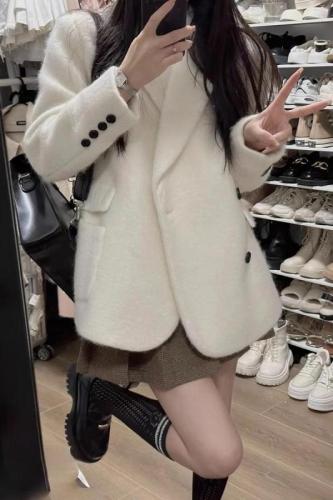 韩系小个子白色短款毛呢子外套西装大衣女秋冬季新款加厚
