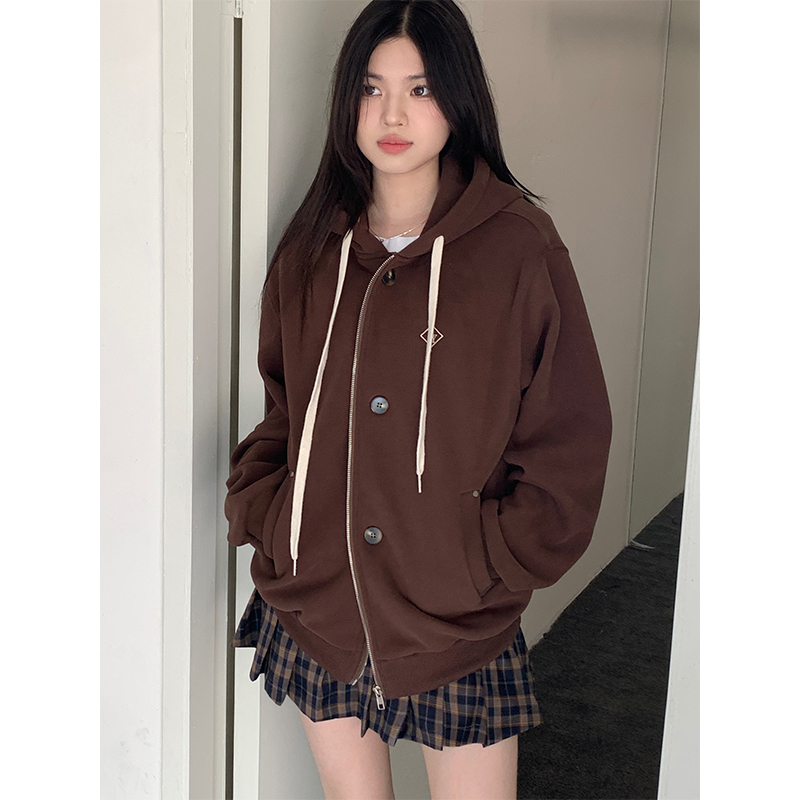 Real shot of American retro Merad coffee color niche sweatshirt for women 2023 new hooded plus velvet thickened versatile jacket