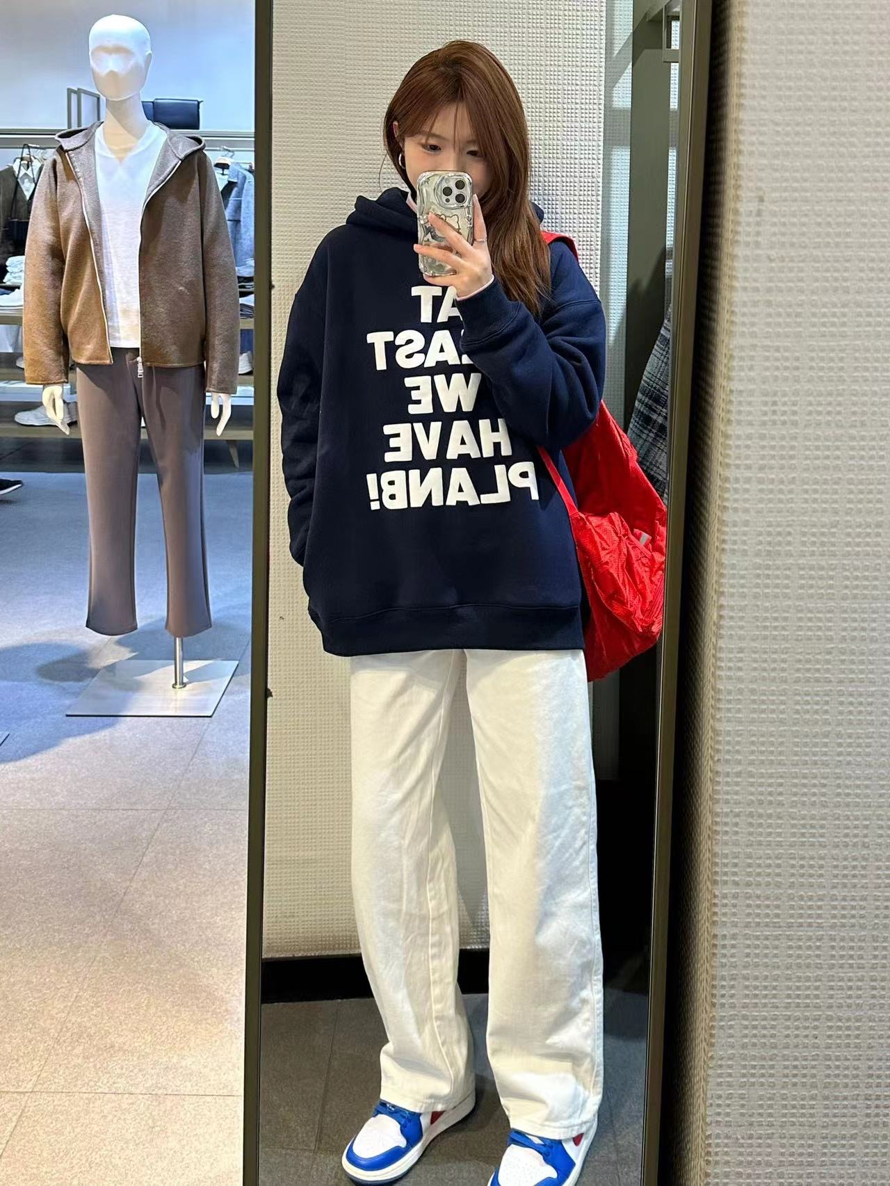 美式藏青色全棉衛衣外套女2023寬鬆加絨上衣高級感小眾潮牌連帽衫