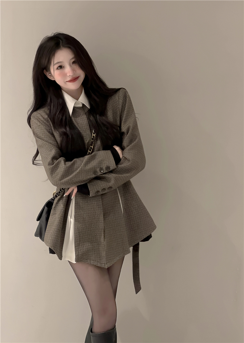 Real shot design fake two-piece waist suit plaid jacket suit for women