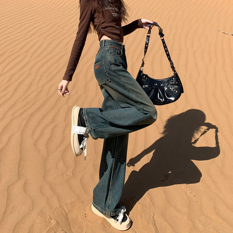 皮牌復古闊腿高腰牛仔褲女秋冬美式高街顯瘦辣妹拖地寬鬆直筒褲子