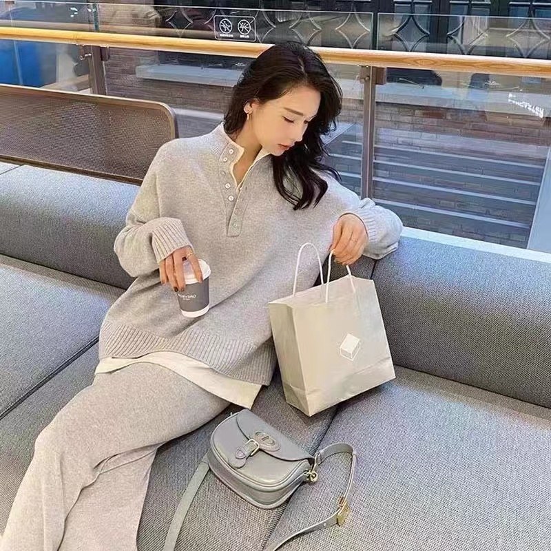 秋冬時尚小香風職業港風套裝女復古chic網紅洋氣針織闊腿褲兩件套