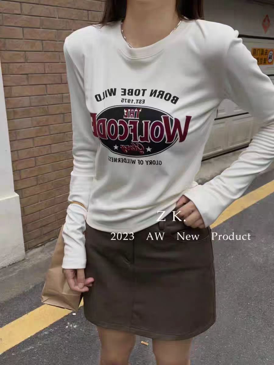 加絨修身打底衫女上衣短款秋冬2023新款洋氣長袖T恤女內搭ins潮