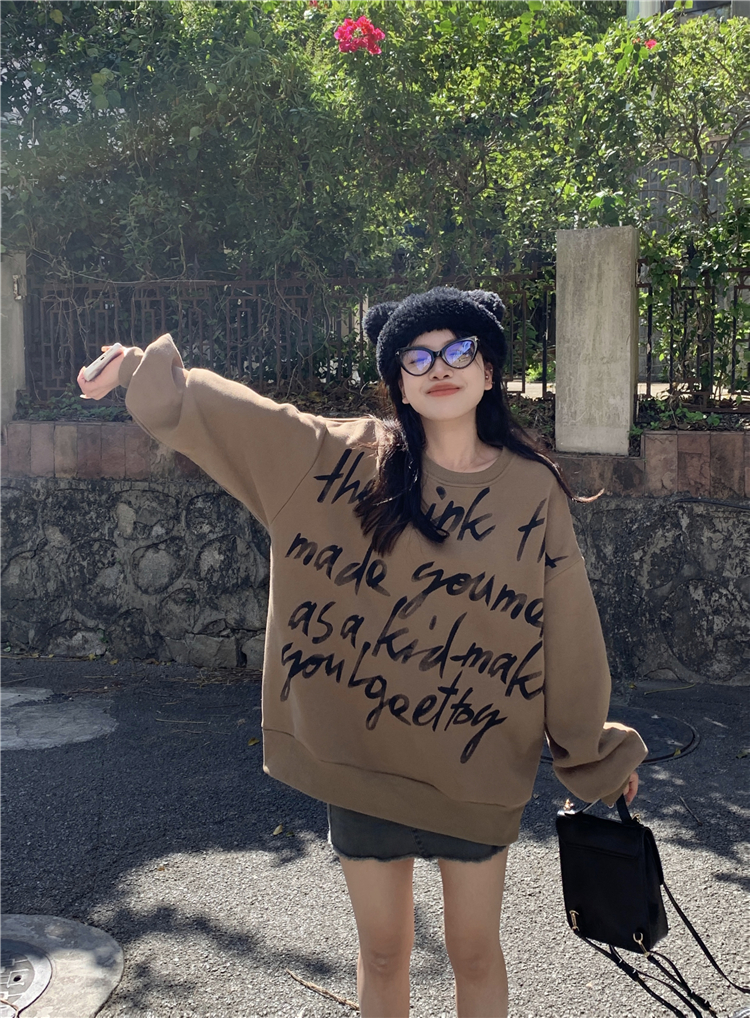 實拍~圓領衛衣女寬鬆長袖上衣加絨美式復古無帽外套