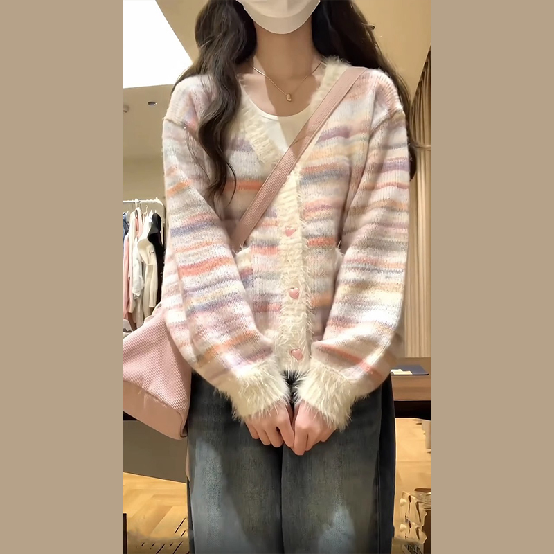 森系條紋軟糯慵懶風針織開衫2023新款小個子條紋毛衣外套女秋冬季