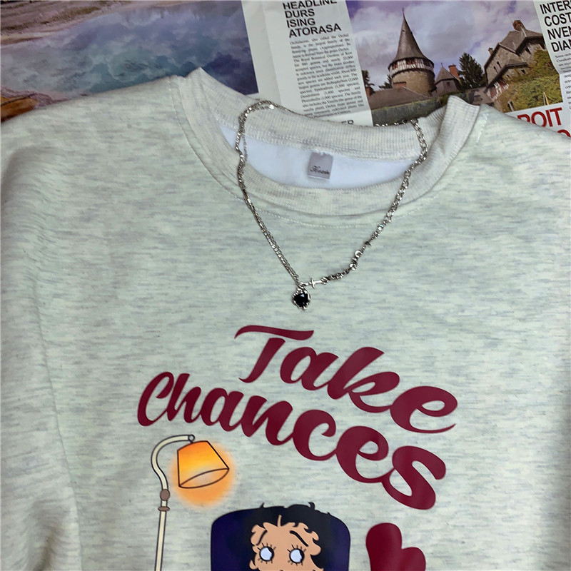 250g large sweatshirt winter new girl printed round neck sweatshirt plus velvet retro loose top
