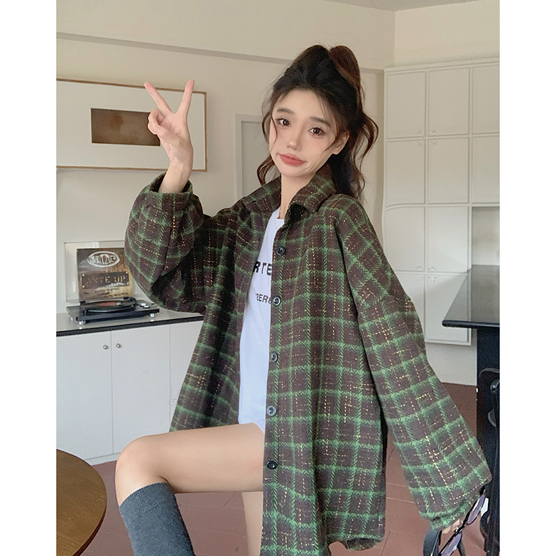 實拍  秋冬新款復古格子寬鬆慵懶襯衫外套女長袖上衣