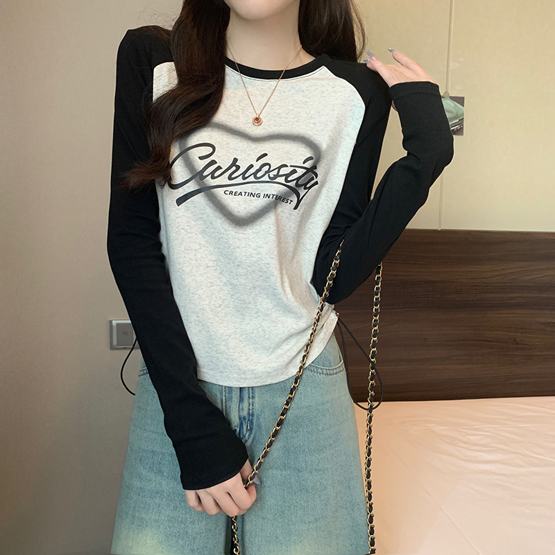 Real shot Autumn Korean version loose 1*1 threaded fleece 260g round neck raglan sleeves printed large size long-sleeved T-shirt for women