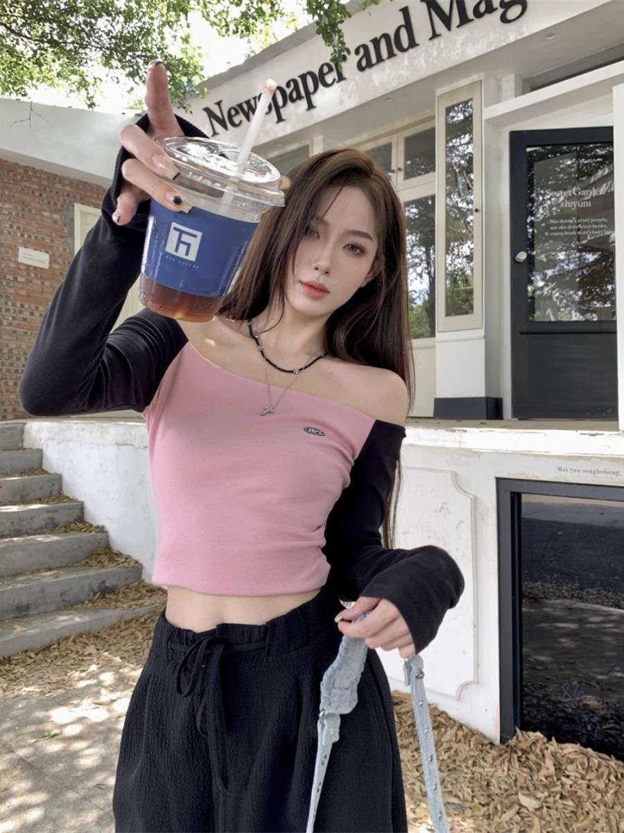 美式潮牌長袖T恤女款修身百搭一字肩上衣打底衫新款2023春秋薄款
