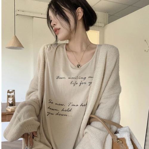 Early autumn solid color petite lazy style versatile design sweater knitted cardigan women's bottoming top