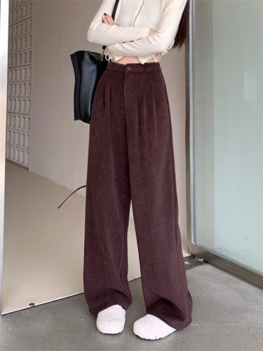 Real shot of corduroy straight-leg pants, casual pants for women, early autumn, high-waisted, slimming, wide-leg pants, versatile floor-sweeping pants.