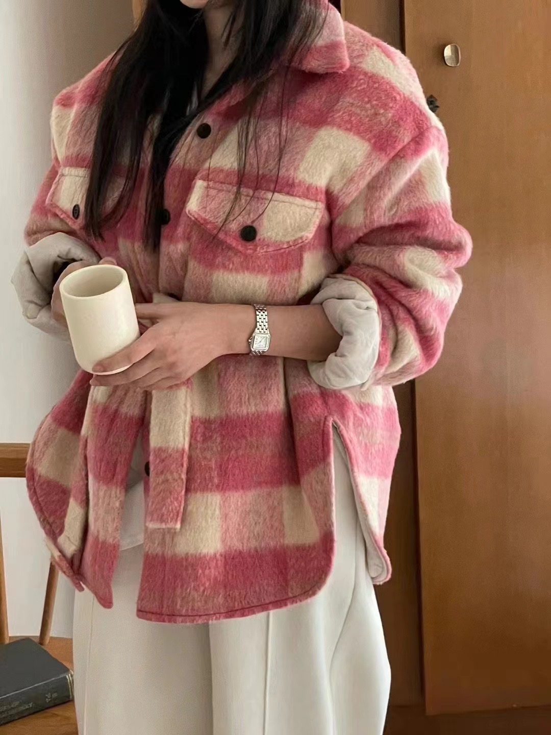 寬鬆直筒開衫加厚毛呢外套女收腰格子百搭外套上衣 配腰帶